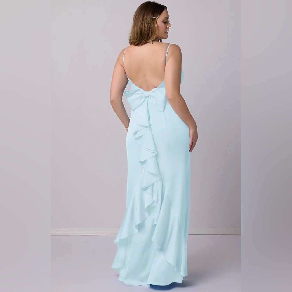 Azazie Barbie Collection Mermaid Bow Stretch Satin Floor-Length Dress Sky Blue